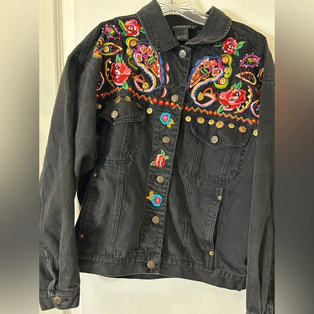 Vintage  Carole Little Women's Denim Jacket  Size 6 black  Jingly coins colorful